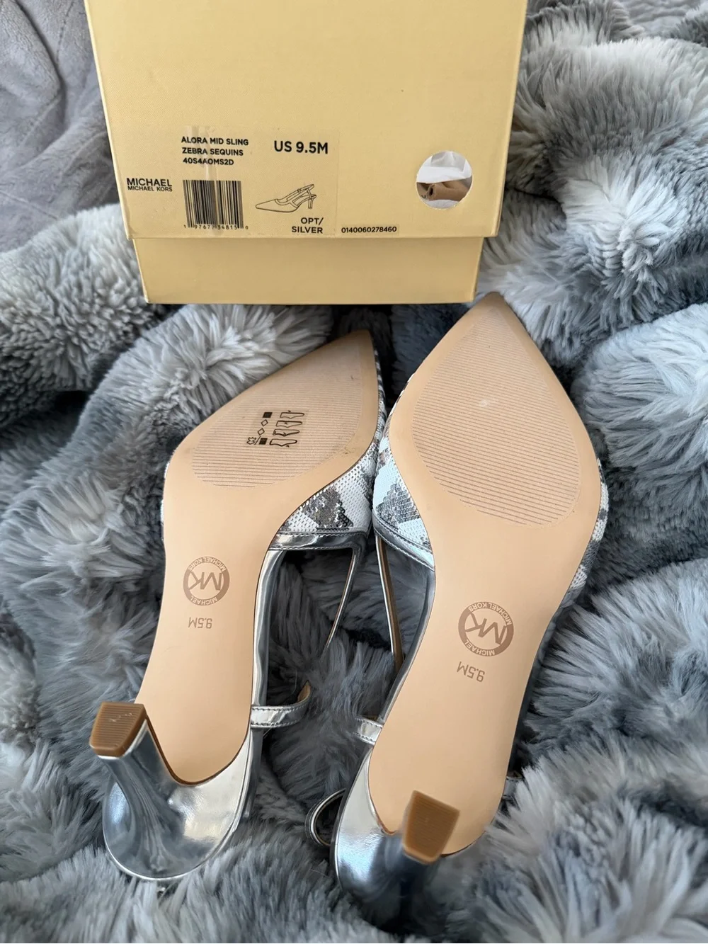 Michael Kors Silver Sequin Slingback Pointed-Toe Kitten Heels Size 9.5 $70 BNIB